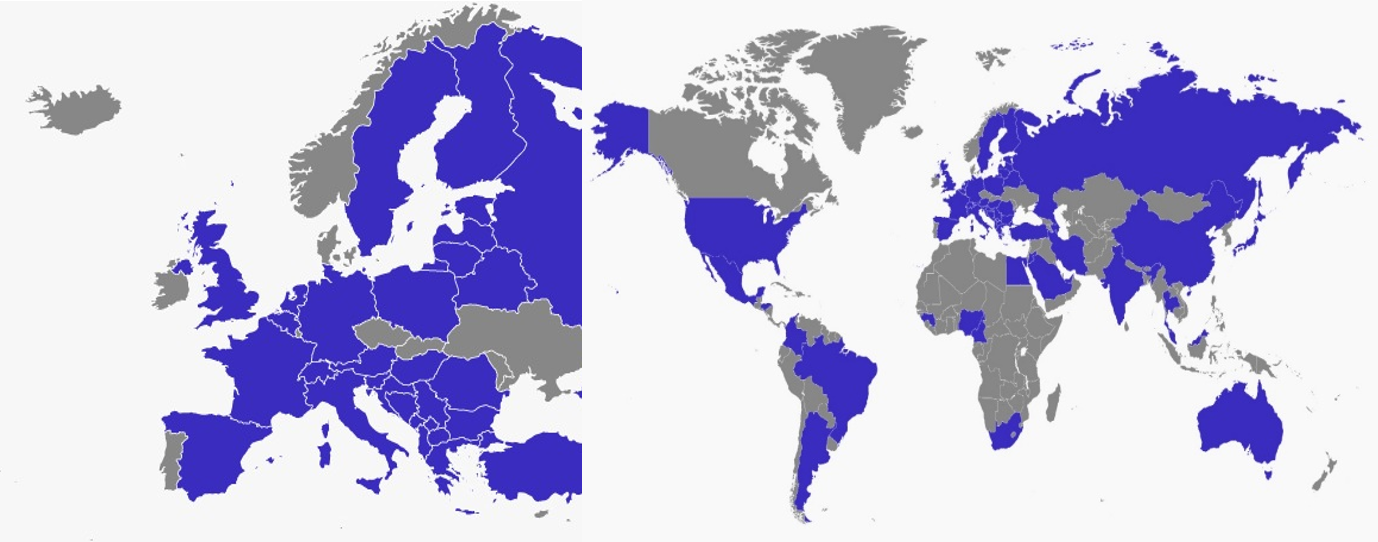 Fig.1: A showcase of the course’s world-wide reach: based on the data reported by the registrants, 495 came from European countries and 470 [DA1] registrants came from non-European countries.  