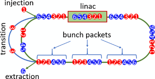 Overview of bunch packets in the ERL. Bunches at the third turn go through a transition arc where there is at least an extra half rf cycle delay. Image courtesy Phys Rev AB.